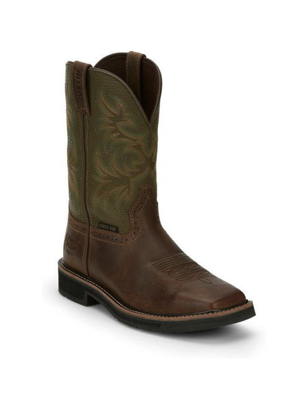 Justin Men's Driller 11" ST Western Work Boot -Brown/Green- SE4688